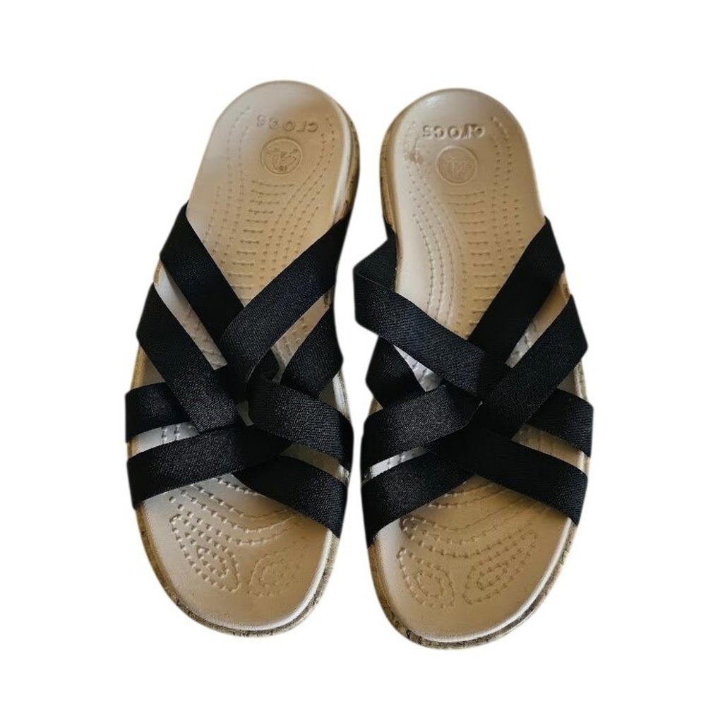 Crocs Eddie Women Size 9 Black Tan Comfort Stretch Strappy Slides Sandals